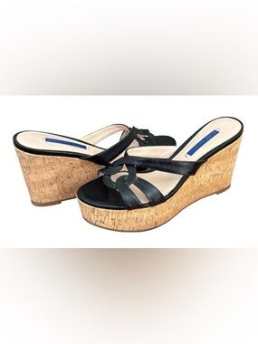 Stuart Weitzman Cadence blk strap w cork wedg pltfrm sandals WM 7 coastal